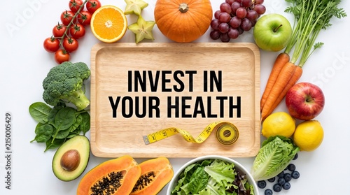 Fresh fruits and vegetables surrounding a tray with a health message
