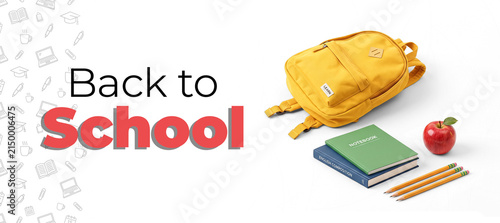 Bild auf Leinwand Back to School Banner with Backpack, Notebooks, and Apple on White Background