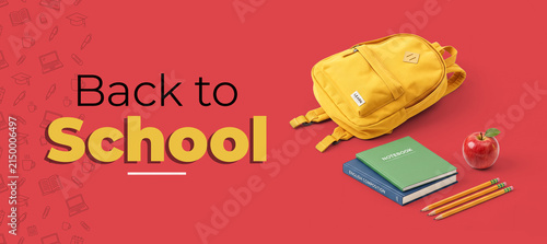 Fotografie SEO-Optimized Title: Back to School Banner with Backpack, Notebooks, Apple, and