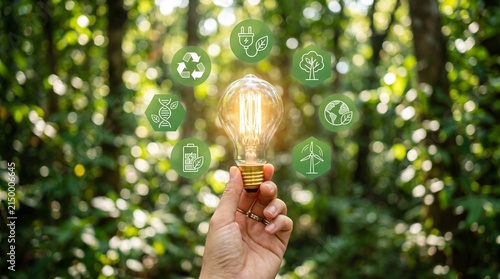Hand holding glowing lightbulb with digital icons