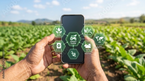 Hands holding smartphone in a lush green field
