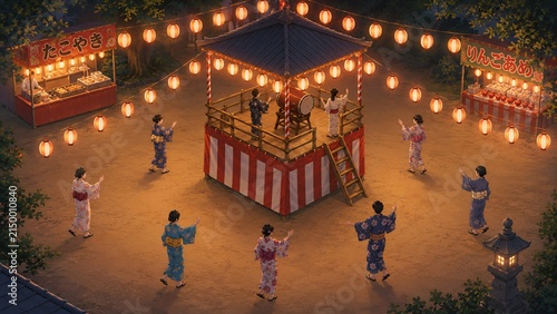 上空から見下ろした程よい賑わいの中で浴衣姿の人々が櫓を囲んで踊る伝統的な盆踊りの夏祭り風景