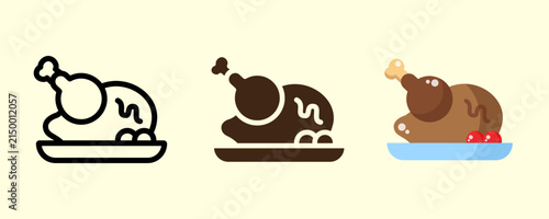 Simple Roasted Bird Icons on Platter. Outline, Glyph and Colorful Flat Vector Illustration
