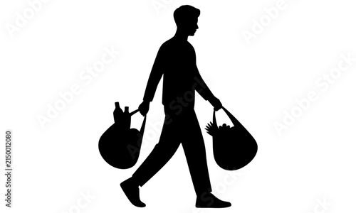 Картината върху платно Vector Silhouette Of Man Walking Carrying Grocery Bags Isolated On Transparent B
