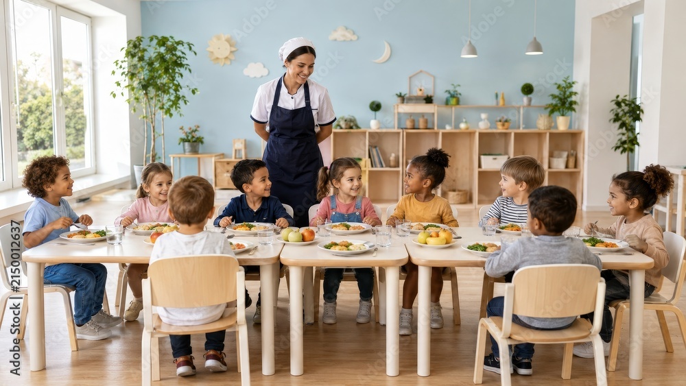 Obraz premium Preschool Cafeteria Lunch with Children and Staff