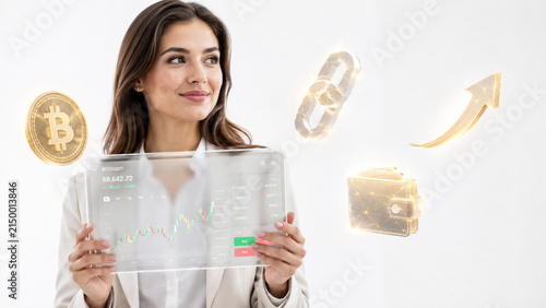 Businesswoman with tablet showing floating cryptocurrency icons