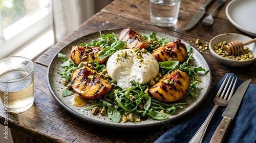 Grilled peaches and burrata salad with pistachios and greens