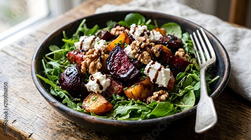 Healthy beet and goat cheese salad with walnuts and arugula