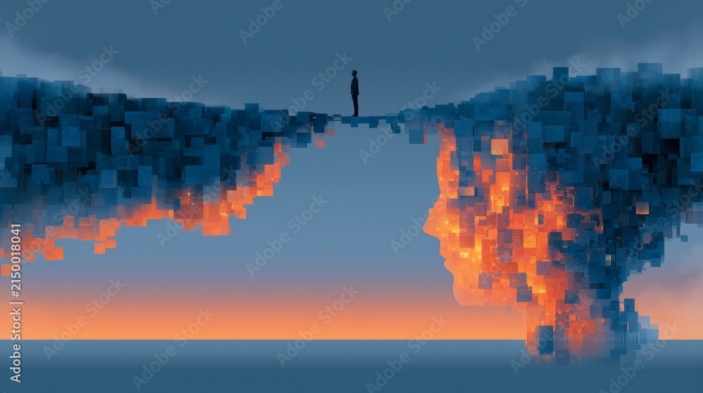 Fototapeta premium Person stands on a bridge between two worlds with a face formed from cubes at sunset
