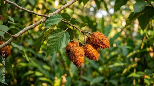Achiote tree branch with ripe orange spiky seed pods hanging in a tropical forest