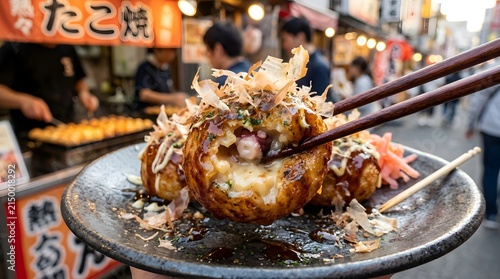 Savory fried dough balls with sauce and dried fish flakes