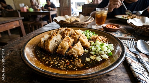 Savory fried food dish with dipping sauce and garnish