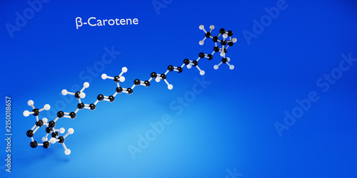 Molecule of β-carotene. Chemicals, micro and macronutrients. Periodic table of Mendeleev. Microelements necessary for humans. 3d render.