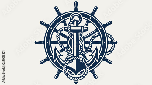 Flat design navy blue nautical emblem featuring a traditional anchor entwined with rope set against a classic wooden ship steering wheel, isolated on a white background.