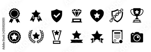 фотографія Award and Achievement Icons: A collection of black and white graphic icons representing awards, achievements, success, and recognition, including trophies, stars, shields, and medals