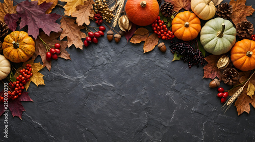 A beautifully arranged thanksgiving and autumn flat lay featuring pumpkins vibrant fall leaves berries and rustic elements perfect for seasonal designs
