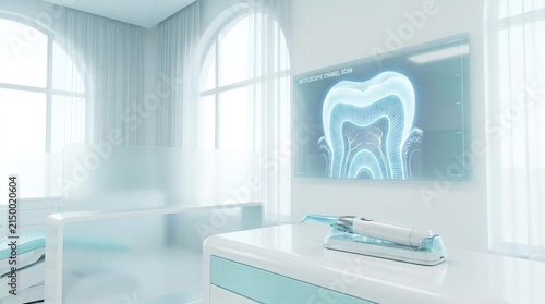Futuristic dental clinic interior with handheld intraoral scanner and holographic 3D tooth display