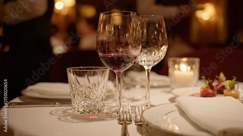 Elegant fine dining table setup with red wine glasses.