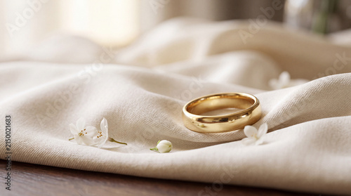 Gold wedding ring resting on elegant silk wedding fabric