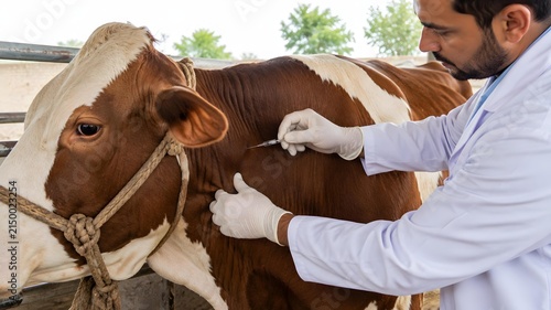 Professional veterinarian administering medication injection to brown and white cow in rural farm setting with gloves with gloves
