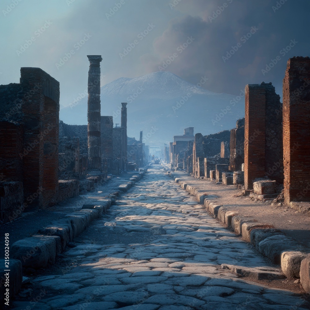 Obraz premium A view along an ancient cobblestone street lined with weathered brick ruins and stone pillars, leading toward a distant snow-capped mountain under a dramatic, hazy sky.