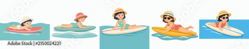 Canvas Print A flat vector illustration of a happy little girl surfing on the ocean during su