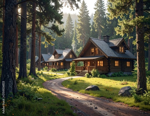 Serene forest cabin retreat with garden pathway.