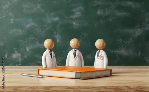 Three wooden-headed doctors stand before a chalkboard with an orange book.