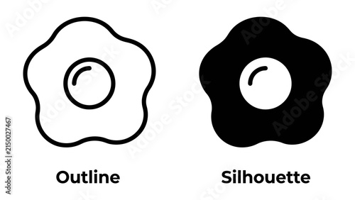 Fried Egg Outline and Silhouette: Two icons representing a fried egg, one in outline form and the other as a solid silhouette, showcasing simple graphic design for food concepts.