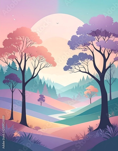 Serene landscape with hot air balloon at sunrise.