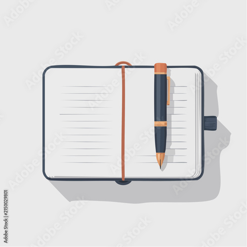 An open notebook with lined pages and a dark pen rests on a light gray surface.