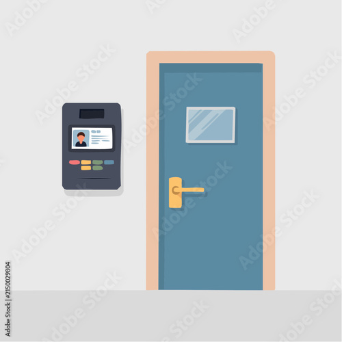 A flat vector illustration shows a secure office door with an electronic access keypad.