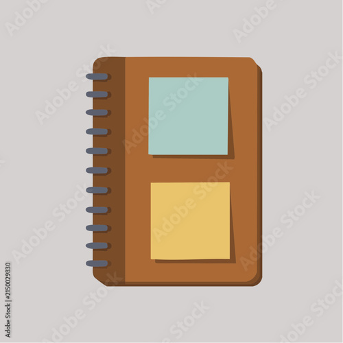 A flat vector illustration shows a brown spiral notebook with two square sticky notes.