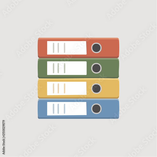 A stack of four colorful office ring binders is displayed against a plain background.