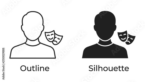 Fotografie Actor's Duality: A stylized depiction of an individual, presented in both outline and silhouette, accompanied by the classic comedy and tragedy masks