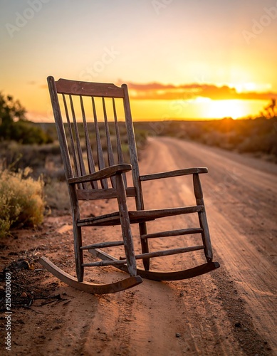 Wooden bench on sandy beach at sunset.