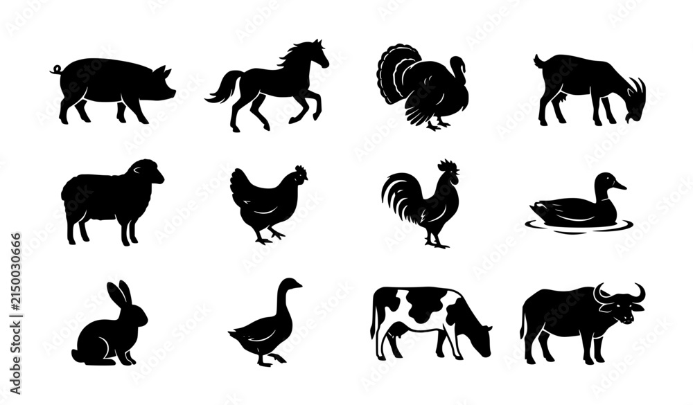 Obraz premium Farm Animal Black Silhouette Icon Set with Cow Horse Pig and Livestock Shapes Vector