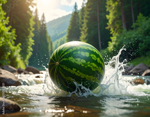 Juicy Watermelon Floating Down a Rushing Forest River.