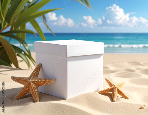 White Box Display on Sandy Beach with Starfish and Palm Tree.