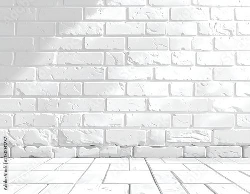 Clean White Brick Wall and Wooden Floor with Sunlight Shadows.