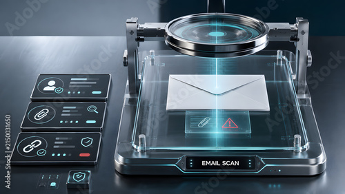 Futuristic email scan device performing deep digital inspection for cybersecurity threats and malware detection
