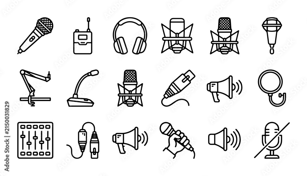 Fototapeta premium Microphone icons for audio recording, podcasting, and broadcasting, outline solid styles, UI and web interface