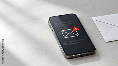 Mobile phishing scam alert concept showing smartphone on desk displaying suspicious email warning notification