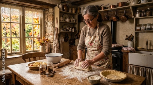 Senior woman kneading fresh dough in a rustic cozy cottage kitchen during autumn baking season