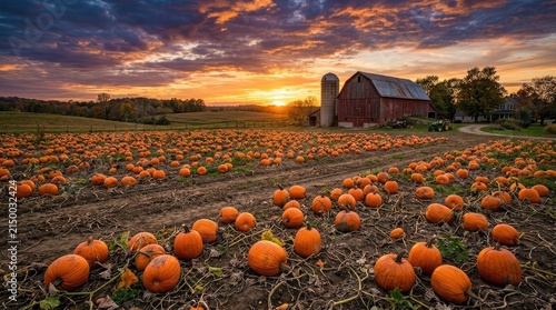 Scenic autumn pumpkin patch at sunset with rustic red barn and dramatic orange sky over rural field
