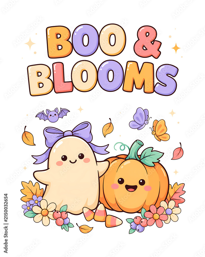Fototapeta premium Cute kawaii ghost and smiling pumpkin with flowers and butterflies for a fun halloween seasonal greeting card design