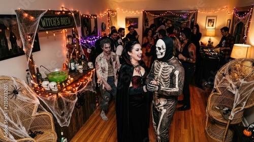Happy Friends in Spooky Costumes Dancing at a Festive Halloween House Party with Themed Decorations
