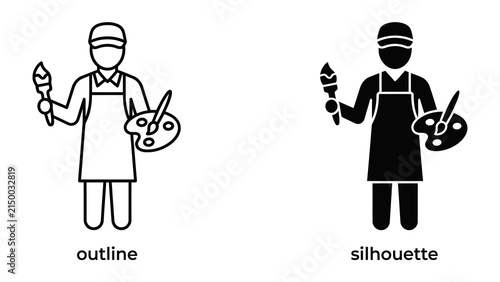 Fotografía Artist Iconography: A stylized artist icon in both outline and silhouette form, holding a paintbrush and palette, symbolizing creativity and artistic expression