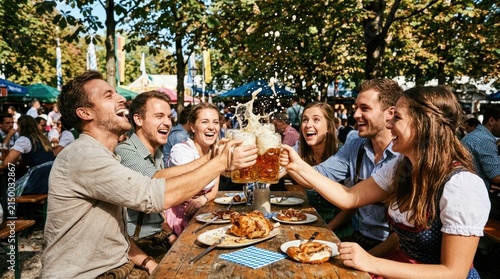 Cheerful group of friends in traditional Bavarian clothing toasting with splashing beer mugs at an outdoor festival