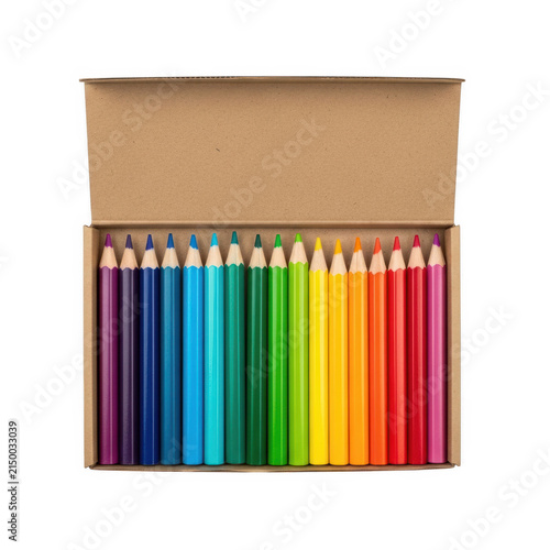 Colorful pencils in wooden box